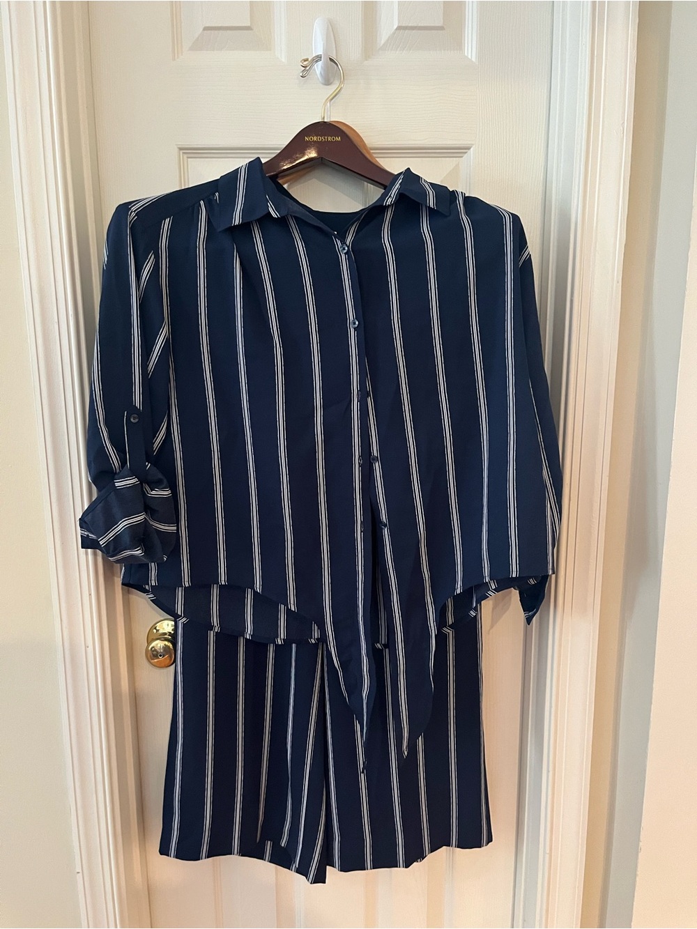 Charter Club Navy and White Striped Tie-Front Button Shirt and Capris